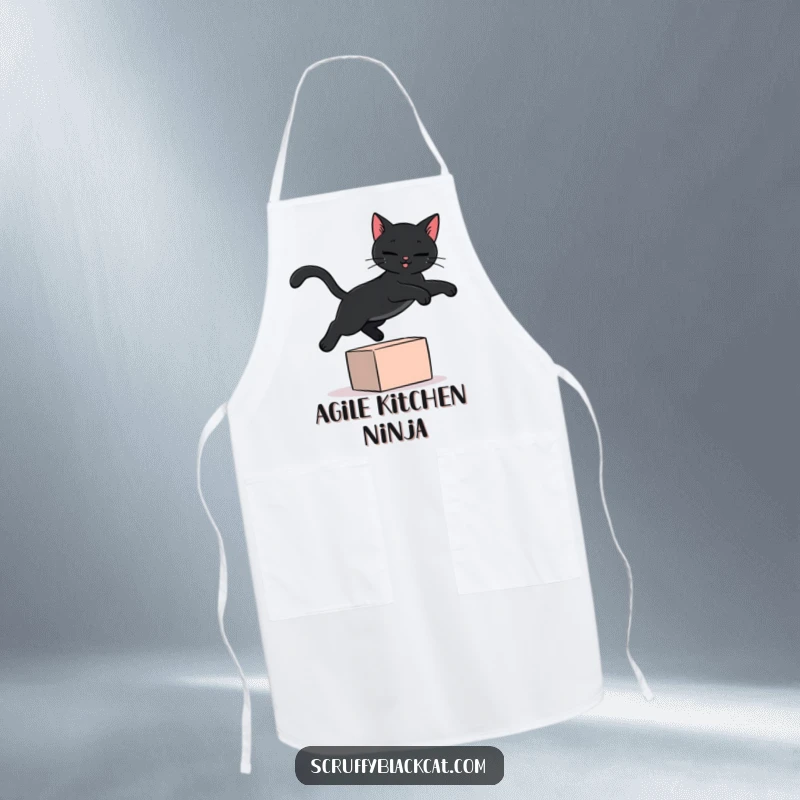 Funny black cat apron with a stylized black cat mid-leap, playfully jumping over a small kitchen item, ready for culinary chaos.