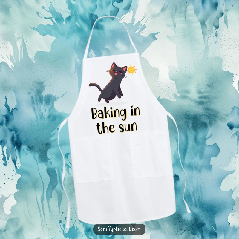 Funny apron showing a black cat joyfully chasing a radiant, dancing sunbeam, adding cheer to the kitchen.
