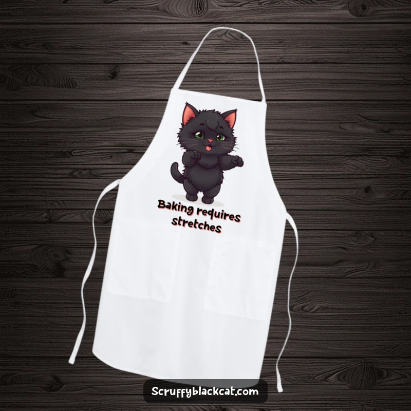 Funny fluffy black kitten in a playful, exaggerated stretch on a practical and humorous kitchen apron.