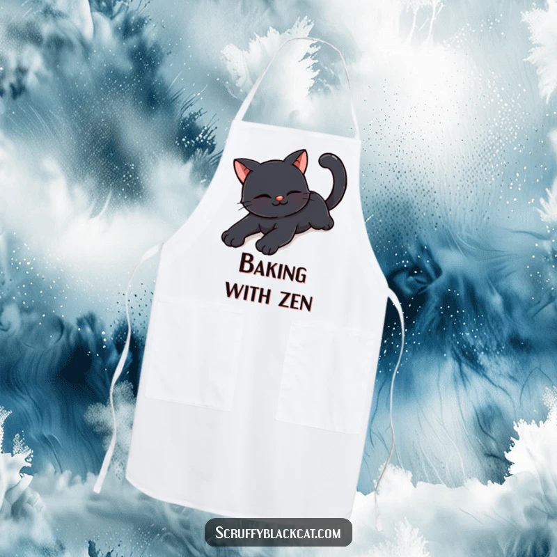 Funny happy black cat apron with a cat stretching languidly with a contented smile, ideal for a joyful cooking experience.