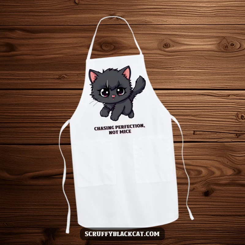 Funny black kitten apron, illustrated mid-spin, comically chasing its own fluffy tail with wide, determined eyes.