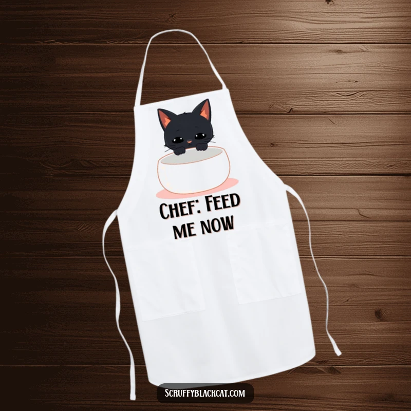 Funny black cat apron depicting a cat meowing at an empty bowl, ideal humorous kitchen wear for cat lovers.