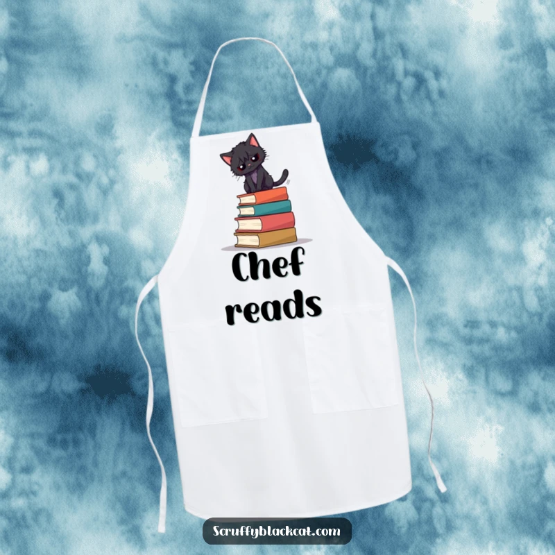 Funny apron showing a scruffy black cat attempting to balance on books while someone cooks.