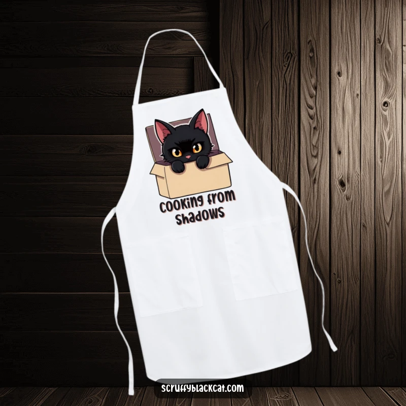 Funny Cat Apron showing a mischievous black cat peeking from a box, eyes gleaming, perfect for adding kitchen mystery.