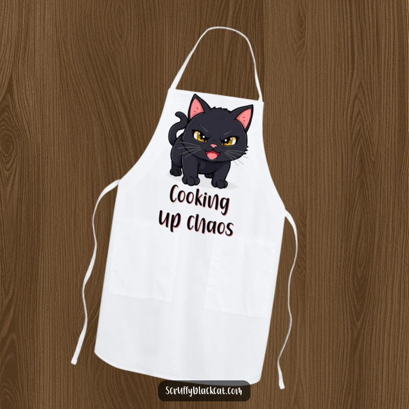 Funny Black Cat Apron: A black cat with a mischievous grin is captured in a playful crouch, ready to pounce.