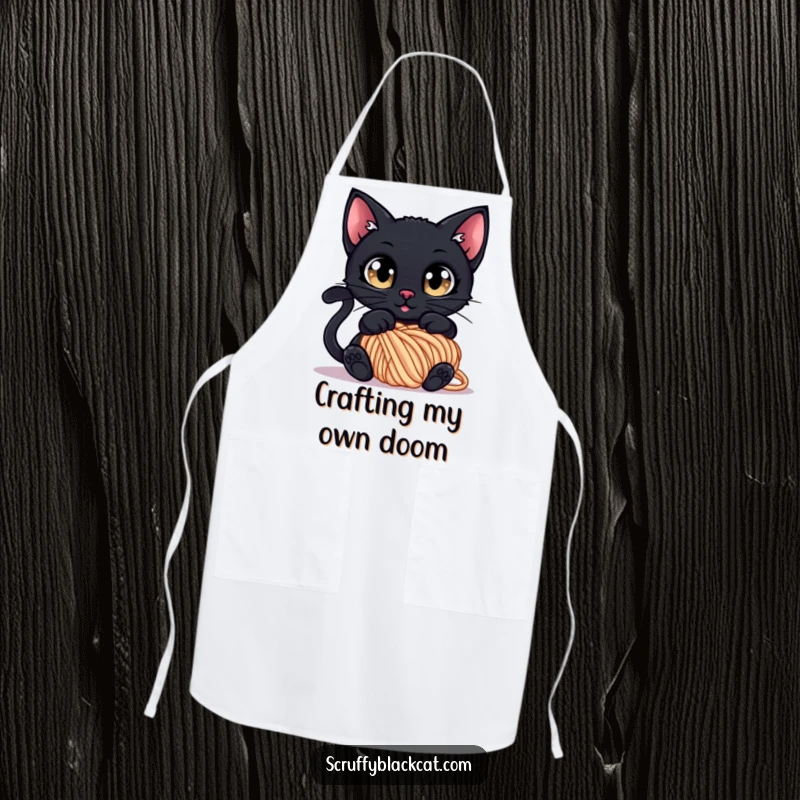 Funny Apron: A black cat with wide, curious eyes tangled in a ball of yarn, perfect for a playful cooking session.