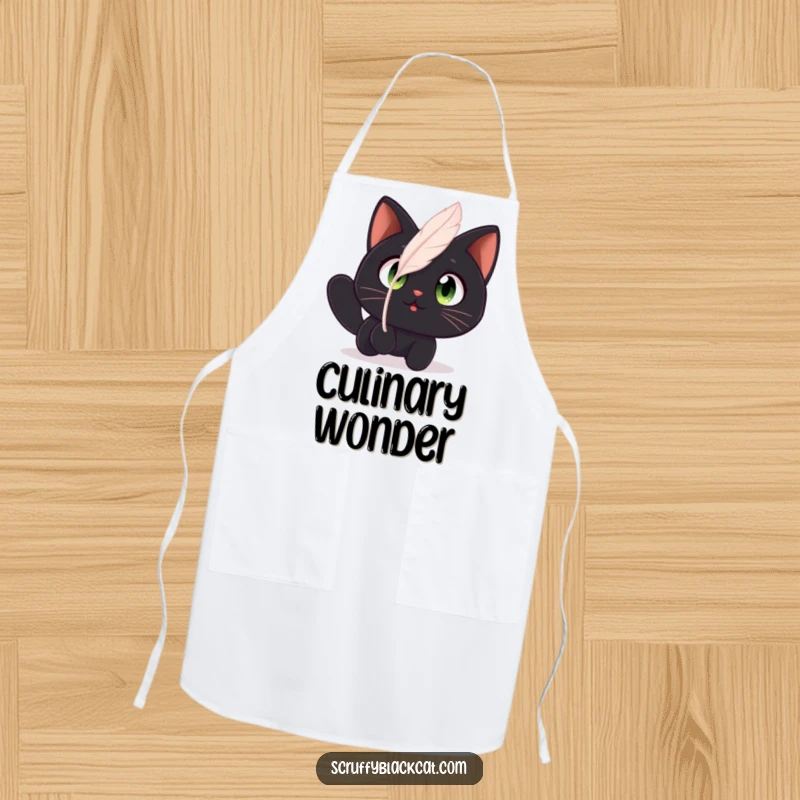 Funny cat apron with an amazed black cat watching a floating feather, perfect for a curious cook.