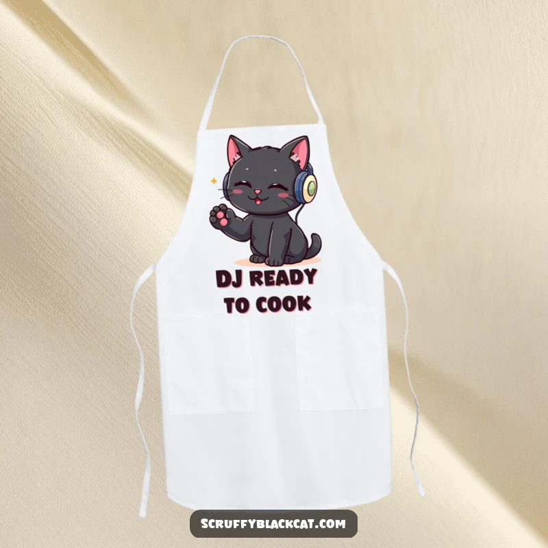 Funny apron showing a black cat wearing headphones and rhythmically tapping its paw, ready to DJ while cooking or baking.