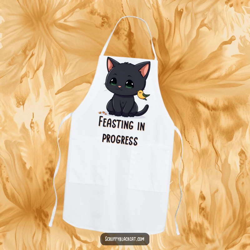 Funny Cat Apron with a curious black cat intently watching birdseed, adding humor to kitchen activities, a great funny gift.