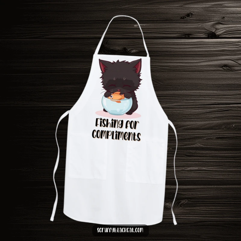 Funny black kitten apron, illustrated gently reaching for a fish in a tiny bowl, embodying focused, quiet ambition.