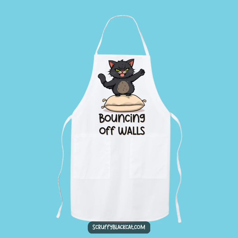Funny Acrobat Cat Apron: Scruffy Black Cat Leaping Over Cushion, Kitchen Funny Gift