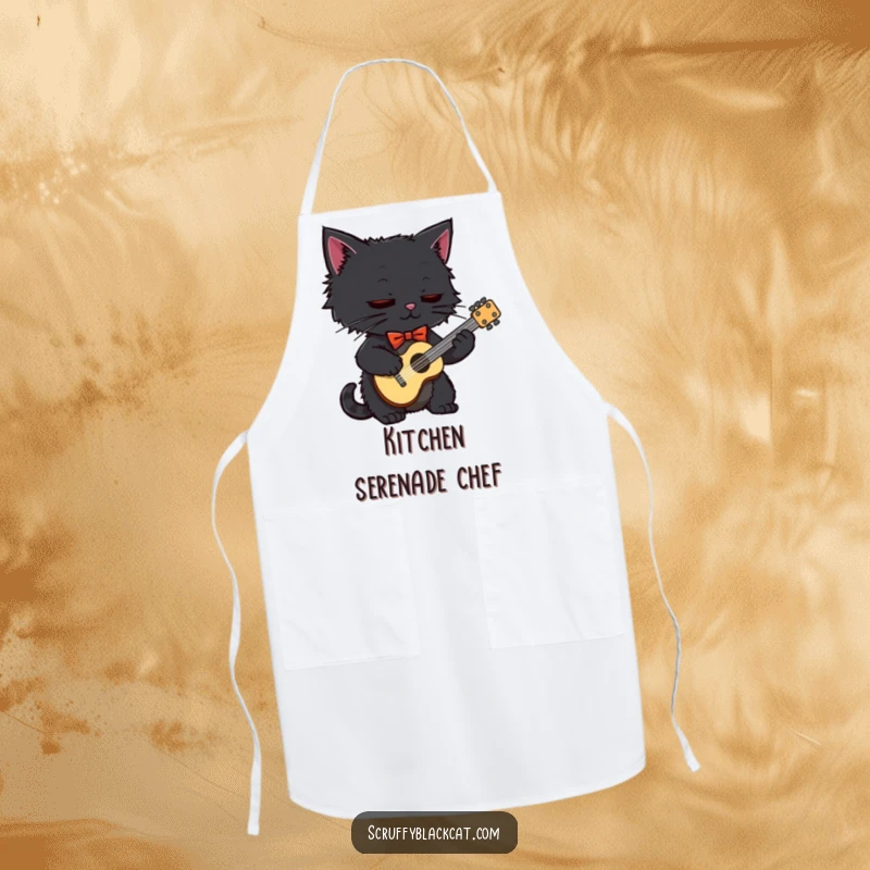 Funny black cat wearing a bow tie, playing a small guitar, designed on a practical apron for kitchen fun.