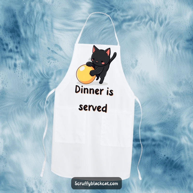 Funny cat apron with a black cat in a playful pounce over a bright, bouncy ball, perfect for a dynamic cook.