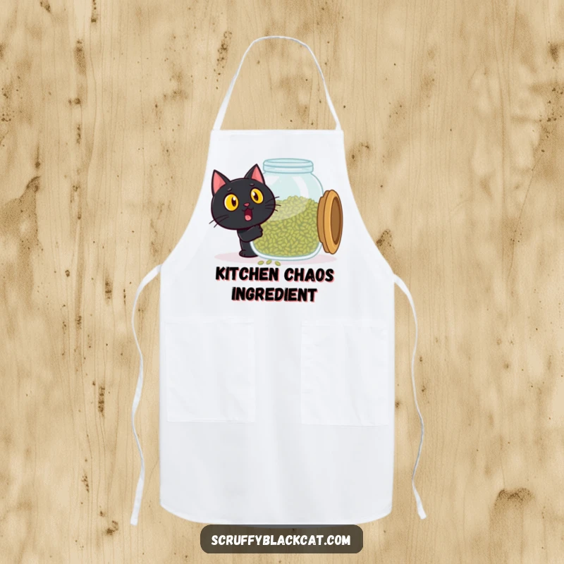 Funny black cat apron, surprised expression opening a giant catnip jar, ready for kitchen fun, a humorous funny gift.