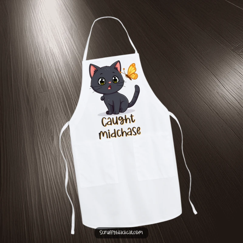 Funny Apron: A black cat with a surprised expression chasing a fluttering butterfly, perfect for a fun cooking experience.