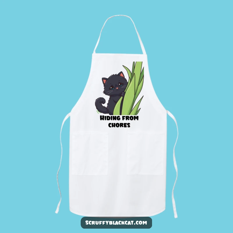 Funny Peek-a-Boo Cat Apron: Fluffy Black Cat Behind Plant, Kitchen Funny Gift