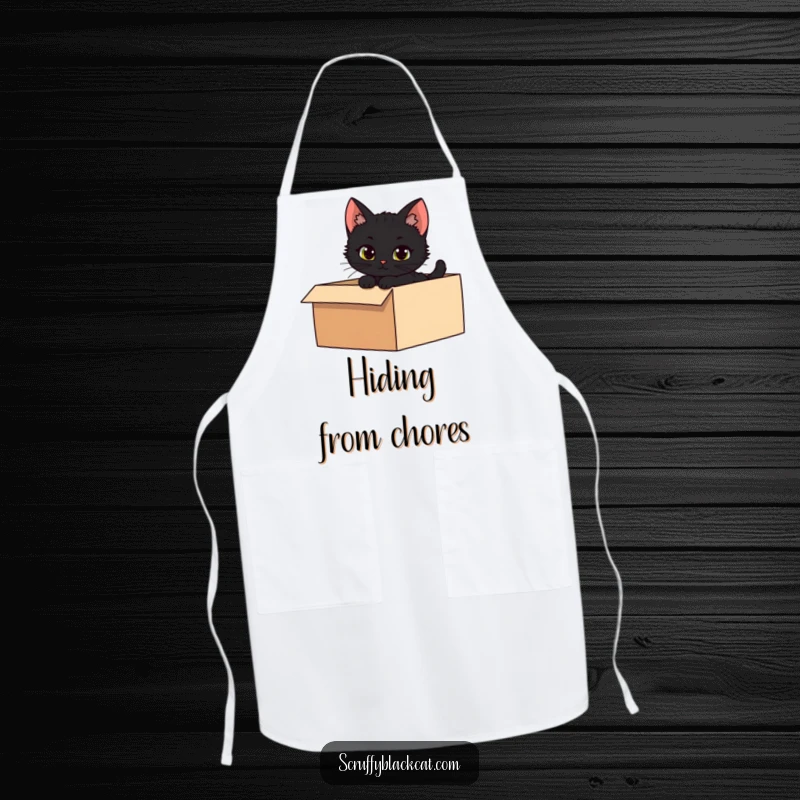 Funny apron depicting a mischievous black kitten peeking from a shadowy box, ready for kitchen exploration.