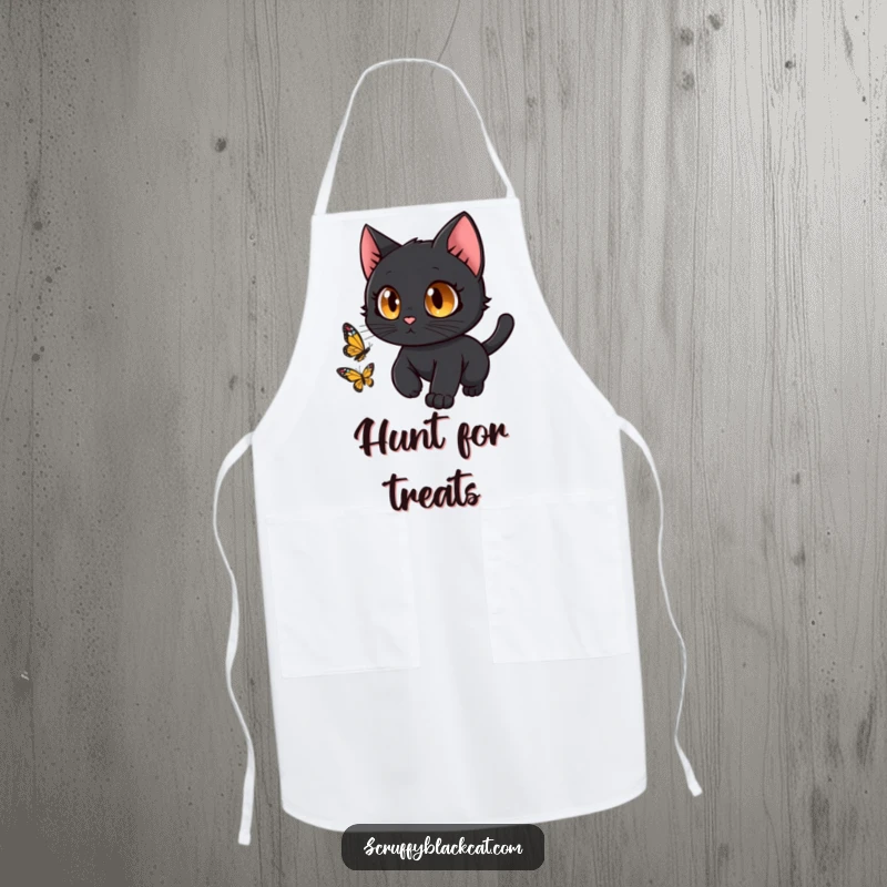 Funny black cat with wide, curious eyes chasing a butterfly, printed on a practical and humorous kitchen apron.