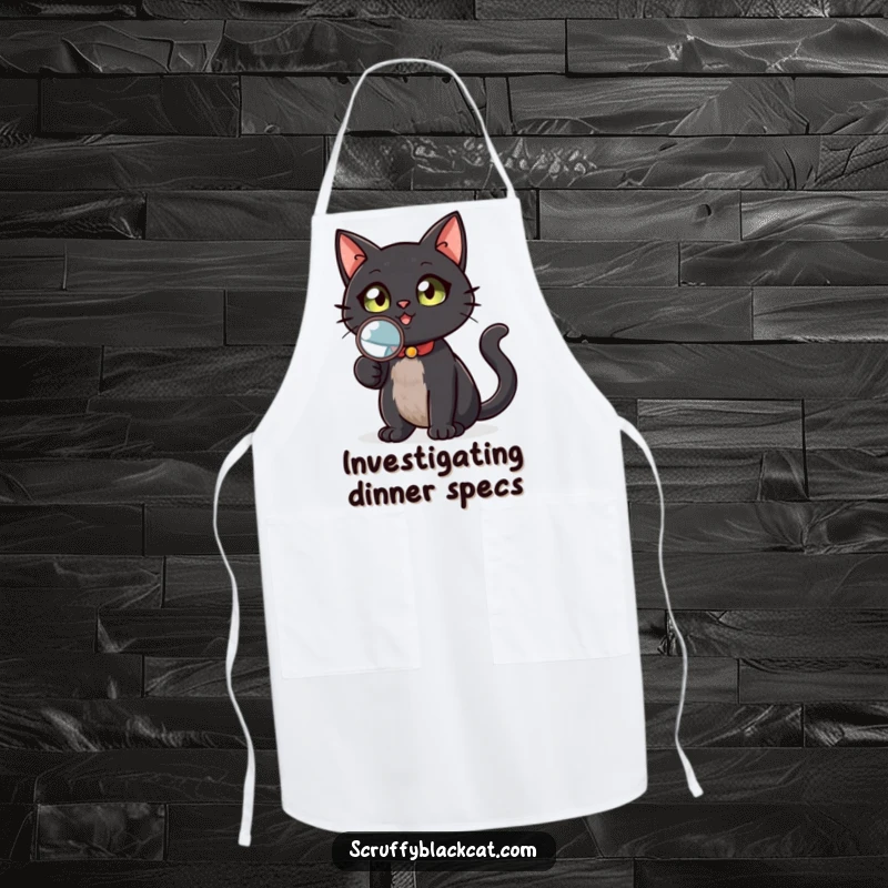 Funny black cat apron for chefs, holding a magnifying glass, looking up with culinary focus, a humorous kitchen accessory for baking and cooking, a great gift.