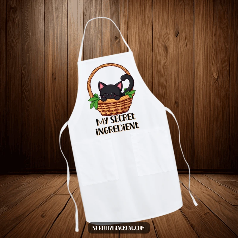Funny apron showing a black cat with a wagging tail peeking out from a basket, ready to supervise or playfully distract.