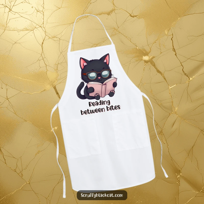 Funny Scholar Cat Apron: A black cat in spectacles reads a book, a fun and funny kitchen gift.