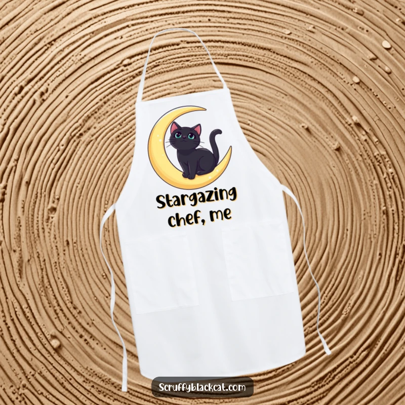 Funny bold black cat apron showing a regal cat on a crescent moon, looking upwards, ideal for a magical cooking experience.