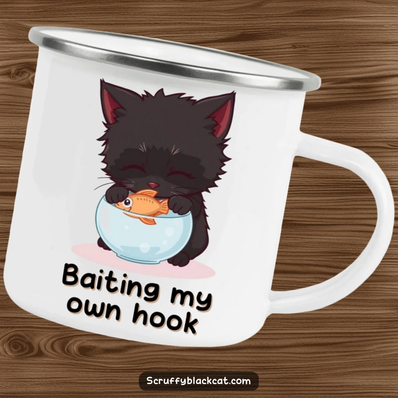 Funny black kitten camping mug, illustrated gently attempting to steal a fish from a tiny bowl during an outdoor escapade.
