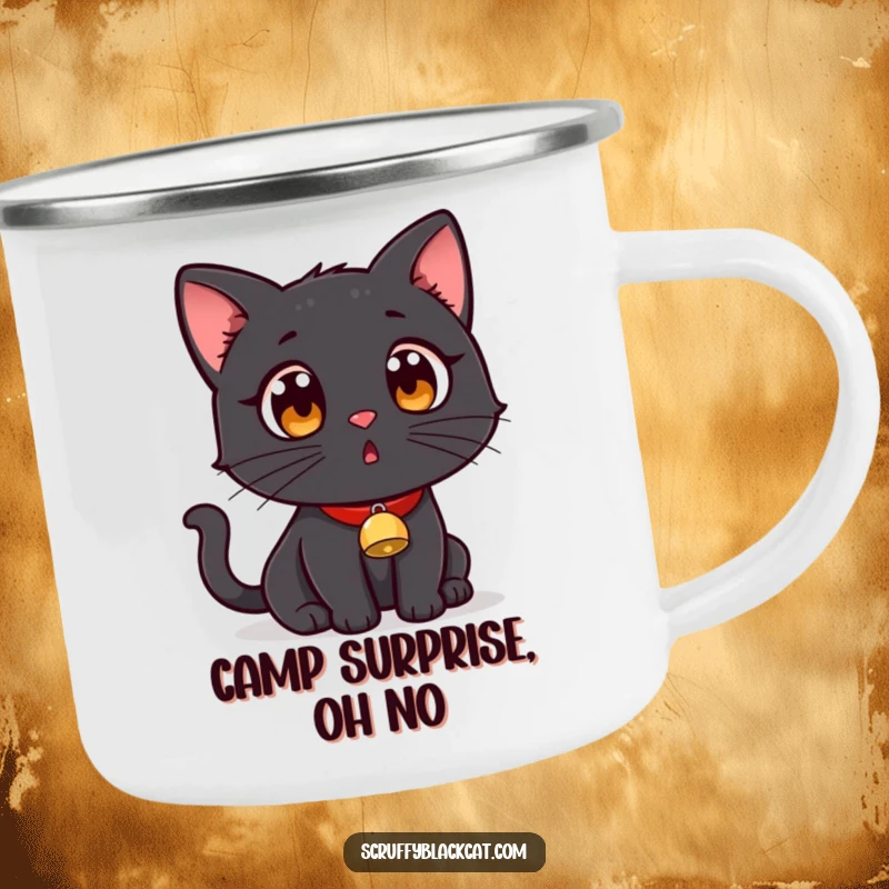 Funny black cat with a tiny bell collar, looking surprised on a durable camping mug.