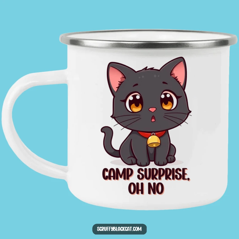 Funny Surprised Black Cat Camping Mug: Adventure Surprise!