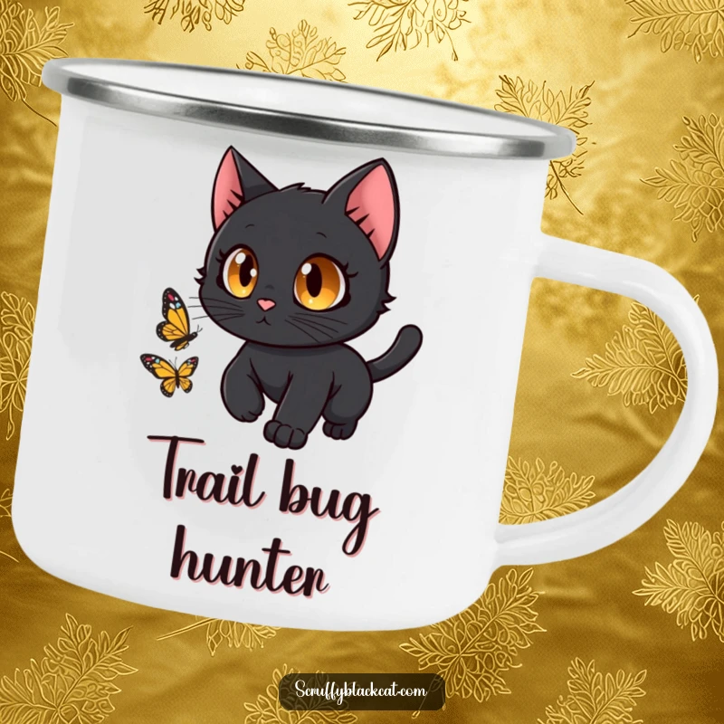 Funny black cat with wide, curious eyes chasing a butterfly on a durable camping mug.
