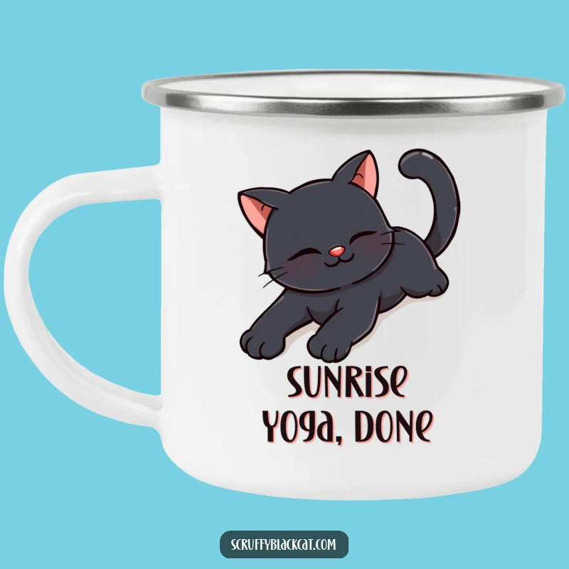Funny Happy Black Cat Stretching Camping Mug: Relaxed Adventures