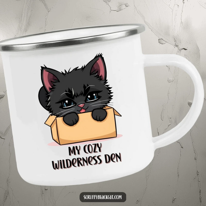 Funny black kitten camping mug, illustrated peeking from a cardboard box with a mischievous grin, ready for exploration.