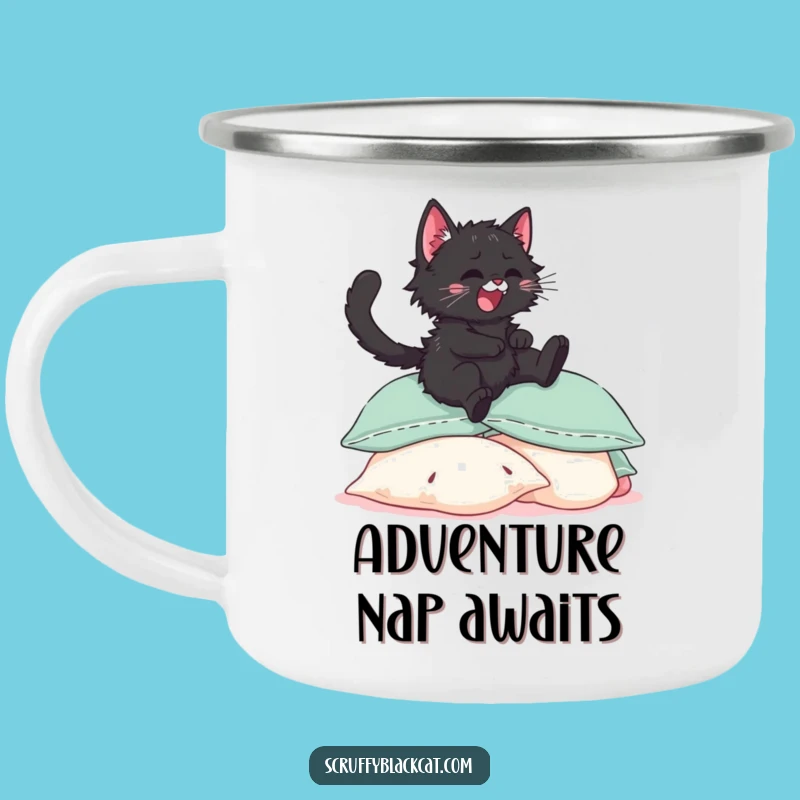 Funny Kitten Pillow Jump Camping Mug: Adventure Fuelled by Feline Joy