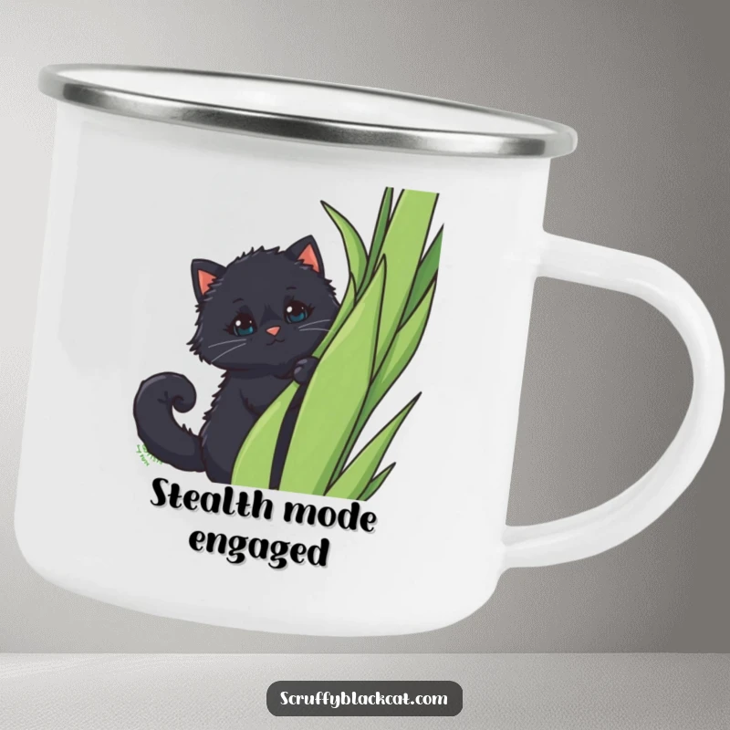Funny Camping Mug: A fluffy black cat with a curled tail peeking out from behind a tall plant, ready for outdoor fun.