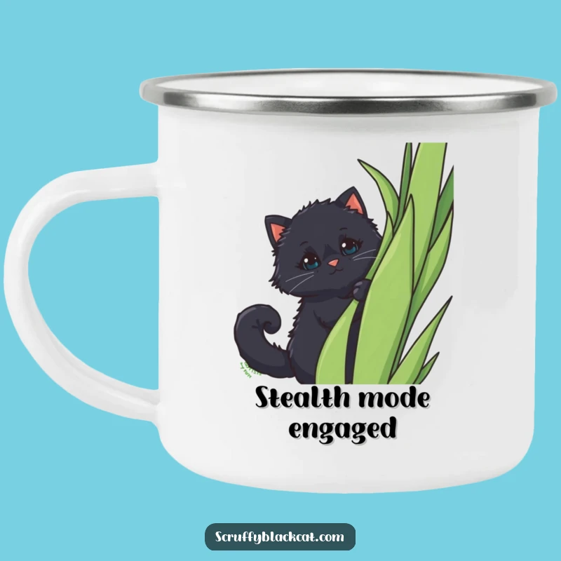 Funny Peek-a-Boo Cat Camping Mug: Fluffy Black Cat Behind Plant, Outdoor Funny Gift