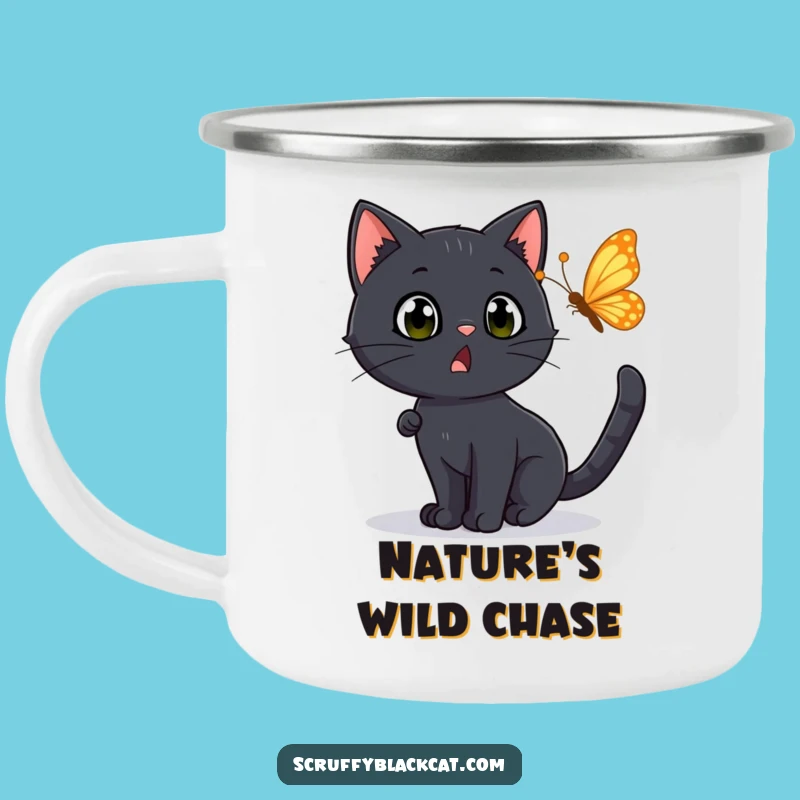 Funny Surprised Cat Camping Mug: Black Cat Chasing Butterfly, Outdoor Funny Gift