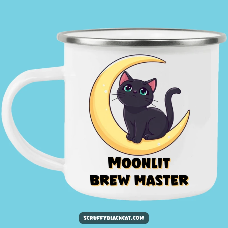 Funny Bold Black Cat Moon Camping Mug: Celestial Adventures