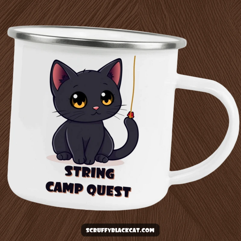 Funny black cat enamel camping mug featuring a sleek cat with large, round eyes playfully batting at a dangling string, perfect for outdoor cat lovers.