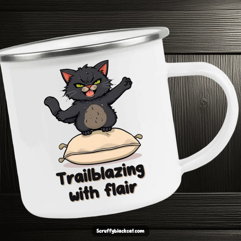 Funny Camping Mug: Scruffy black cat with a mischievous grin leaping acrobatically over a cushion, ready for the great outdoors.