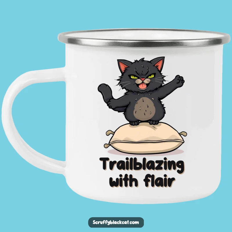 Funny Acrobat Cat Camping Mug: Scruffy Black Cat Leaping Over Cushion, Outdoor Funny Gift
