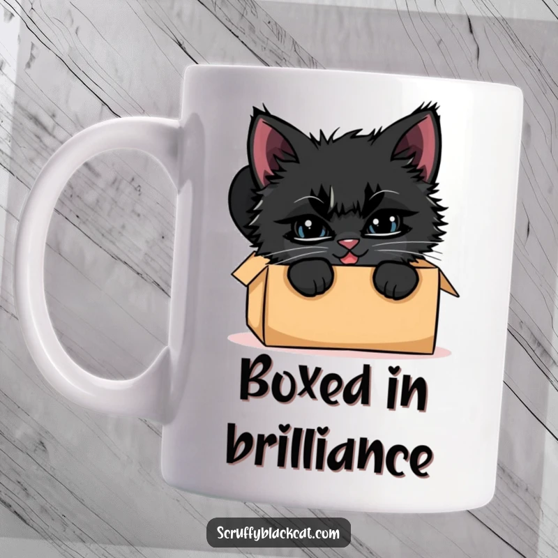 Funny scruffy black kitten mug, peeking mischievously from inside a cardboard box with a wide, cheeky grin.