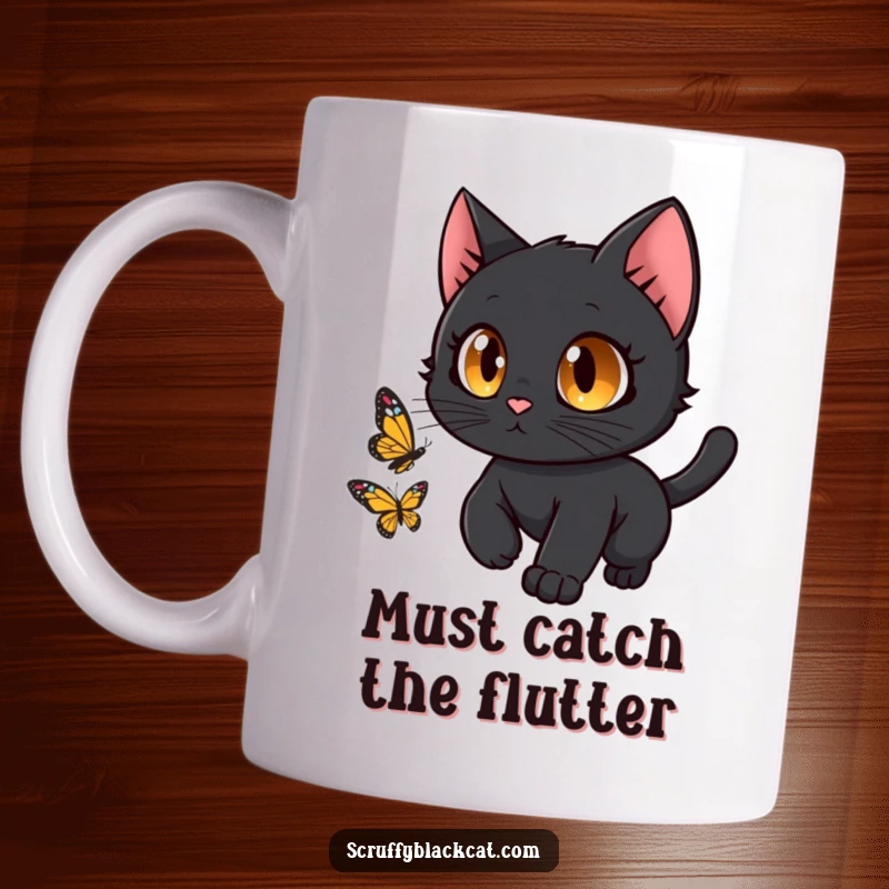 Funny black cat with big, curious eyes joyfully chasing a butterfly on a mug, perfect for cat enthusiasts.