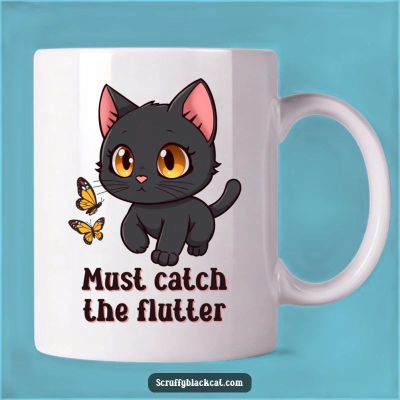 Funny Black Cat Chasing Butterfly Mug: A Whimsical Gift for Cat Lovers!