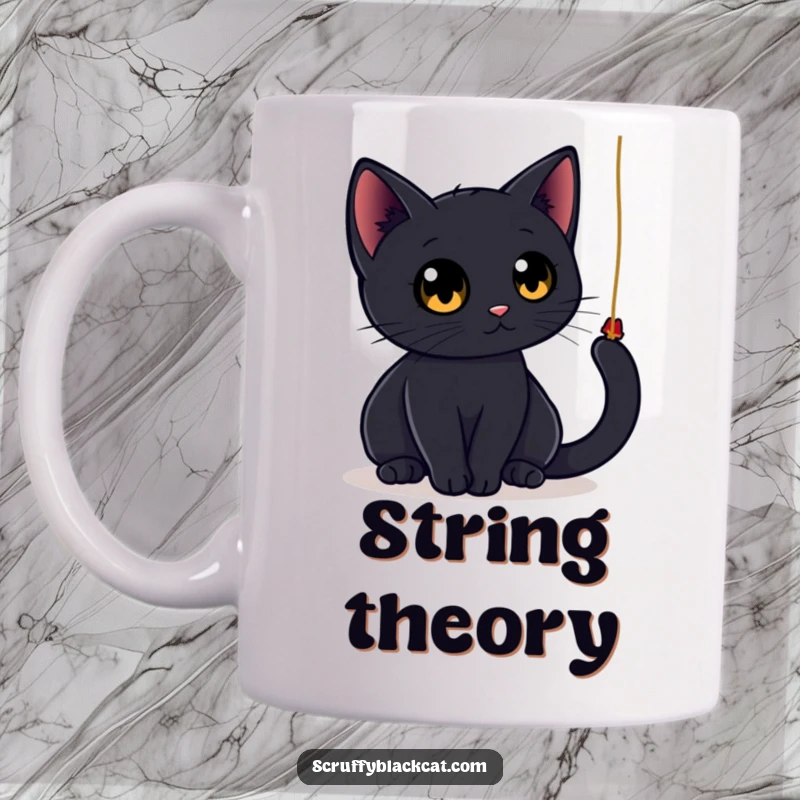 Funny black cat mug featuring a sleek cat with large, round eyes playfully batting at a dangling string, capturing its curious and energetic nature.