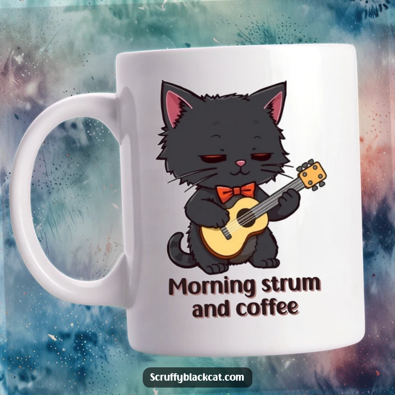 Funny black cat in a bow tie energetically playing a miniature guitar on a coffee mug, radiating cool vibes.