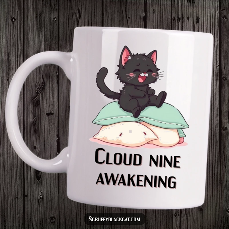 Funny scruffy black kitten mug, depicted mid-air, joyfully leaping onto a soft pile of pillows with eyes full of delight.