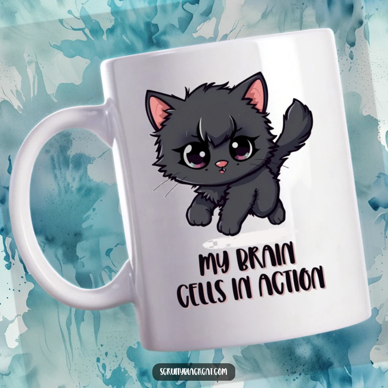 Funny black kitten mug, eyes wide with excitement, frantically chasing its fluffy tail in a comical, dizzying circle.