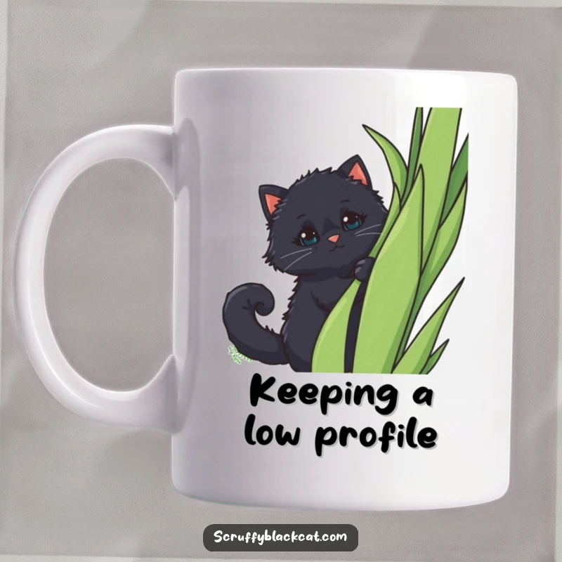 Funny Mug: A fluffy black cat with a curled tail peeking out from behind a tall plant, showing shy curiosity.