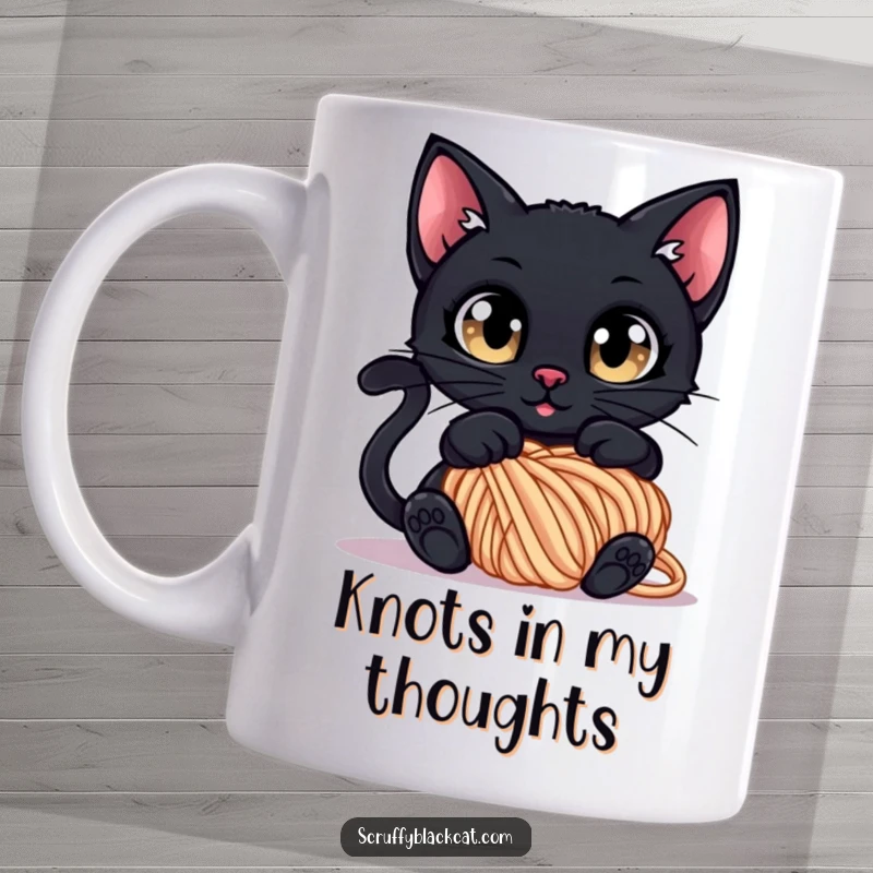 Funny Mug: A black cat with wide, curious eyes tangled in a ball of yarn, embodying playful mischief and adorable chaos.