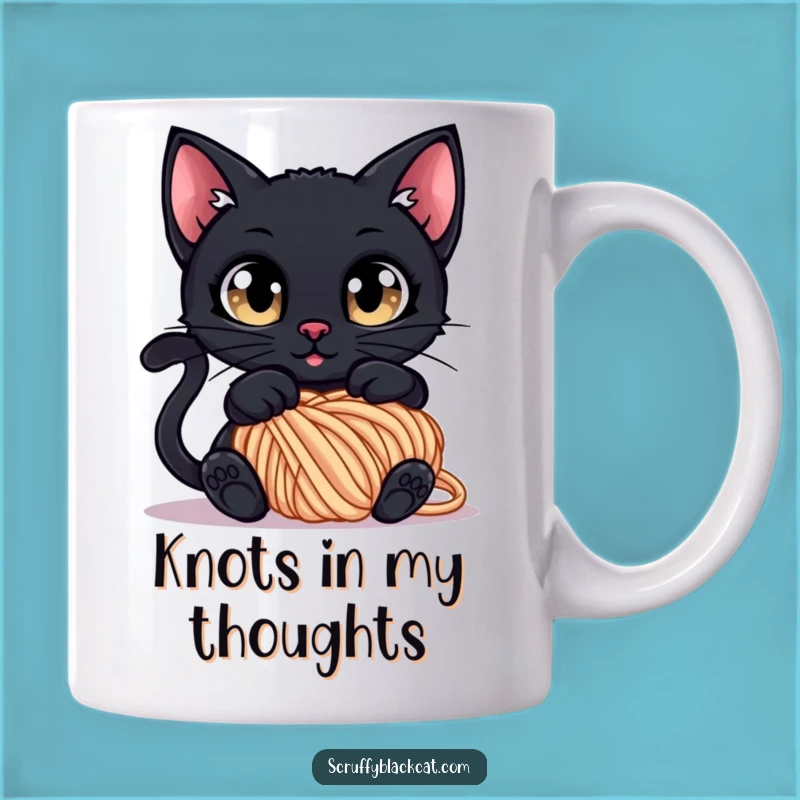 Funny Tangled Cat Mug: Curious Black Cat in Yarn, Playful Mess Funny Gift